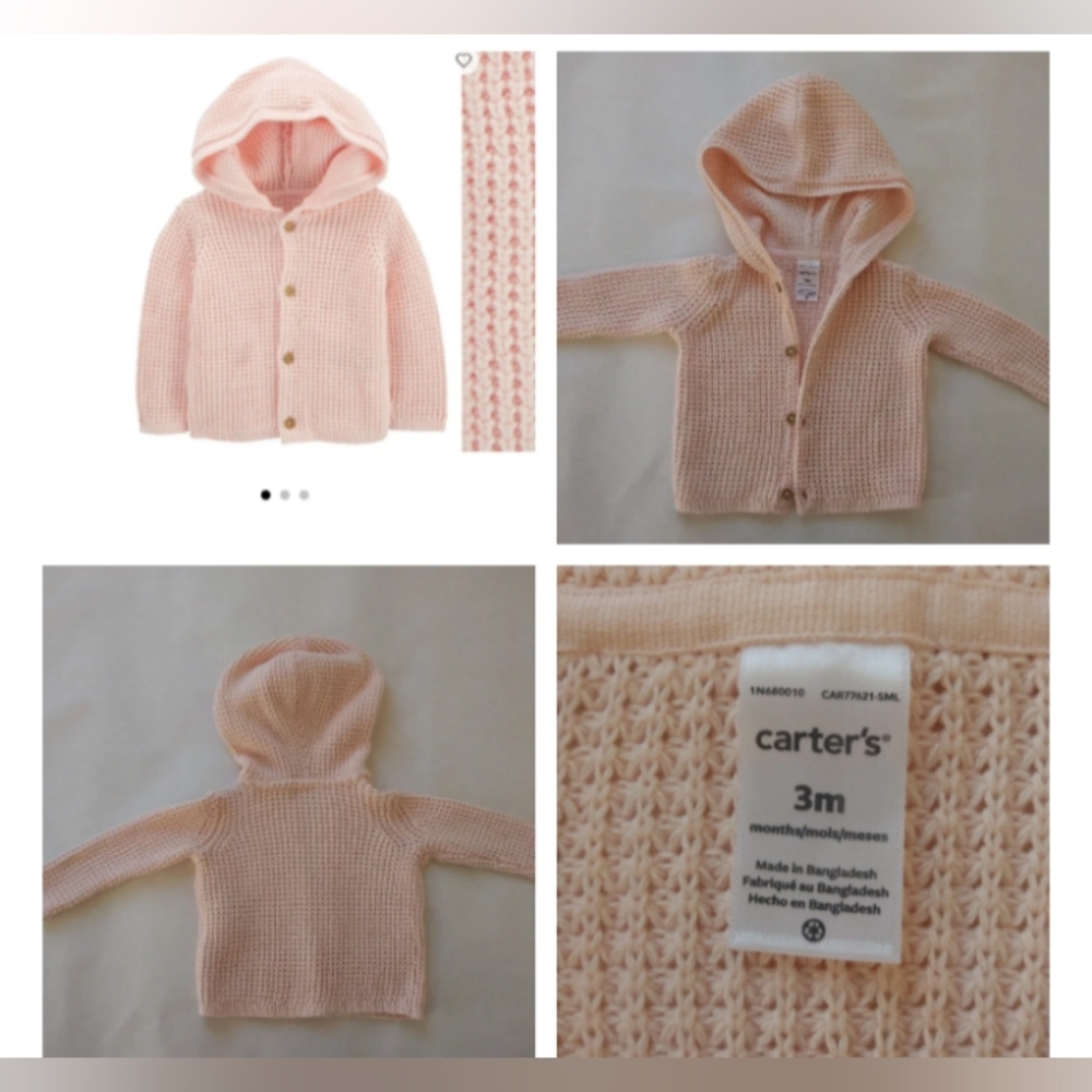 Carter's Girl Baby Pink hooded Cardigan, Size 3M, 100% Cotton, front Buttons, lo